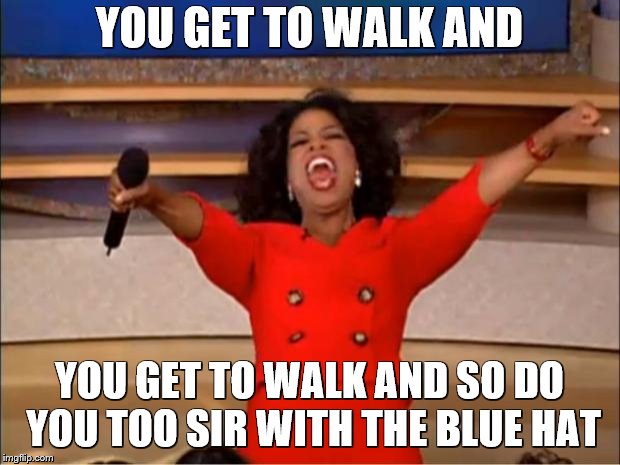 Oprah You Get A | YOU GET TO WALK AND; YOU GET TO WALK AND SO DO YOU TOO SIR WITH THE BLUE HAT | image tagged in memes,oprah you get a | made w/ Imgflip meme maker