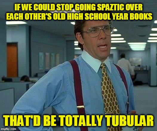 That Would Be Great | IF WE COULD STOP GOING SPAZTIC OVER EACH OTHER'S OLD HIGH SCHOOL YEAR BOOKS; THAT'D BE TOTALLY TUBULAR | image tagged in memes,that would be great | made w/ Imgflip meme maker