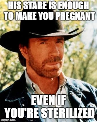 Chuck Norris Meme | HIS STARE IS ENOUGH TO MAKE YOU PREGNANT; EVEN IF YOU'RE STERILIZED | image tagged in memes,chuck norris | made w/ Imgflip meme maker