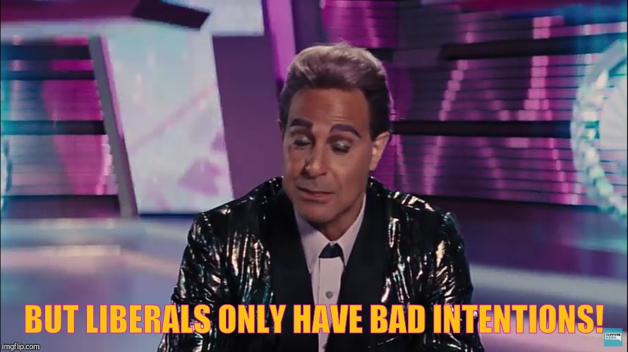 BUT LIBERALS ONLY HAVE BAD INTENTIONS! | image tagged in caesar flickerman stanley tucci | made w/ Imgflip meme maker