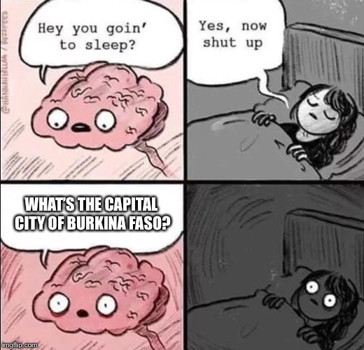 Ouagadougou | WHAT’S THE CAPITAL CITY OF BURKINA FASO? | image tagged in waking up brain | made w/ Imgflip meme maker
