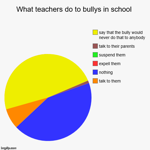 What teachers do to bullys in school | talk to them, nothing, expell them, suspend them, talk to their parents, say that the bully would nev | image tagged in funny,pie charts | made w/ Imgflip chart maker