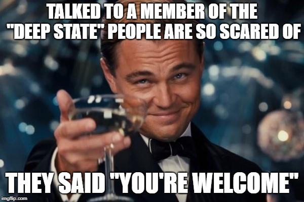 True patriotism is choosing to serve without recognition | TALKED TO A MEMBER OF THE "DEEP STATE" PEOPLE ARE SO SCARED OF; THEY SAID "YOU'RE WELCOME" | image tagged in memes,leonardo dicaprio cheers,deep state,you're welcome,patriots | made w/ Imgflip meme maker
