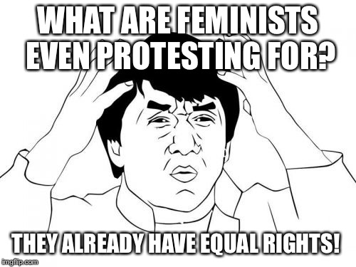 Jackie Chan WTF | WHAT ARE FEMINISTS EVEN PROTESTING FOR? THEY ALREADY HAVE EQUAL RIGHTS! | image tagged in memes,jackie chan wtf | made w/ Imgflip meme maker