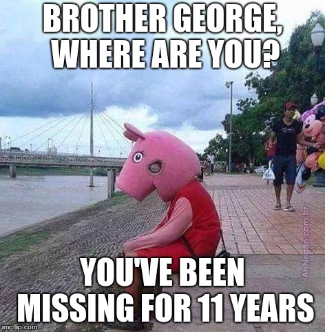 peppa pig | BROTHER GEORGE, WHERE ARE YOU? YOU'VE BEEN MISSING FOR 11 YEARS | image tagged in peppa pig | made w/ Imgflip meme maker