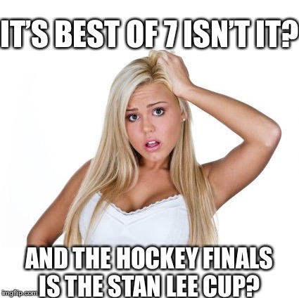 Dumb Blonde | IT’S BEST OF 7 ISN’T IT? AND THE HOCKEY FINALS IS THE STAN LEE CUP? | image tagged in dumb blonde | made w/ Imgflip meme maker