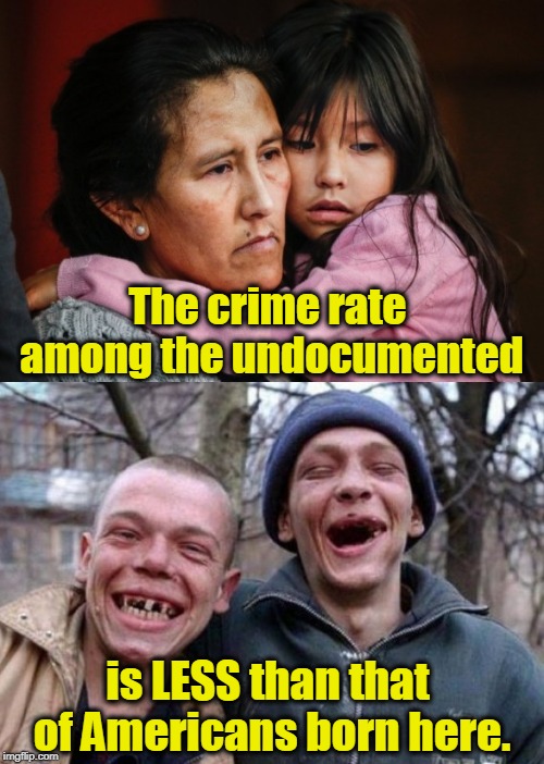 The crime rate among the undocumented; is LESS than that of Americans born here. | image tagged in crime,undocumented,illegal,immigration,border,wall | made w/ Imgflip meme maker