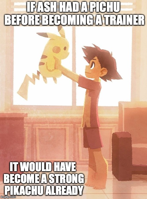 Pre-Trainer Ash and Pikachu | IF ASH HAD A PICHU BEFORE BECOMING A TRAINER; IT WOULD HAVE BECOME A STRONG PIKACHU ALREADY | image tagged in pikachu,ash ketchum,memes,pokemon | made w/ Imgflip meme maker