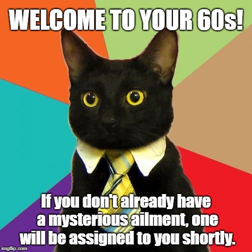 Nursing home priceing is available at the information table. | WELCOME TO YOUR 60s! If you don't already have a mysterious ailment, one will be assigned to you shortly. | image tagged in congratulations cat,old people,tired,sick  tired,just plain tired | made w/ Imgflip meme maker