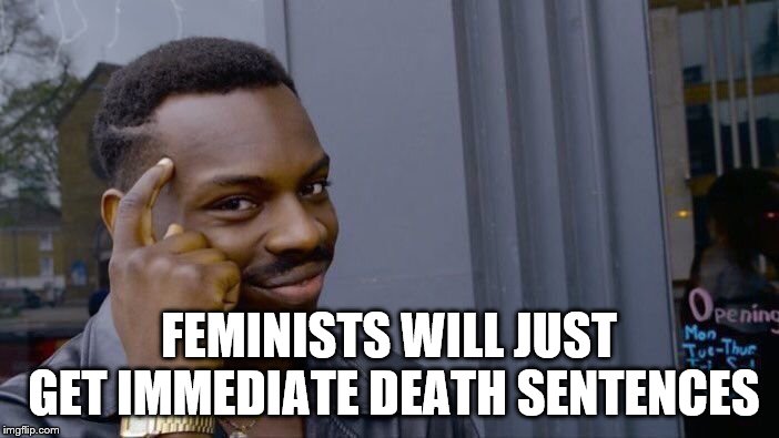 Roll Safe Think About It Meme | FEMINISTS WILL JUST GET IMMEDIATE DEATH SENTENCES | image tagged in memes,roll safe think about it | made w/ Imgflip meme maker