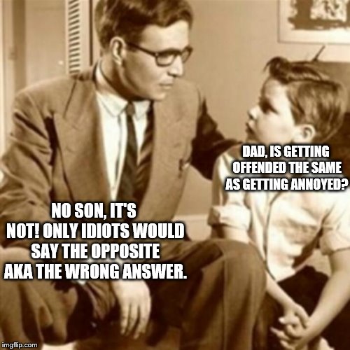 Father and Son | DAD, IS GETTING OFFENDED THE SAME AS GETTING ANNOYED? NO SON, IT'S NOT! ONLY IDIOTS WOULD SAY THE OPPOSITE AKA THE WRONG ANSWER. | image tagged in father and son | made w/ Imgflip meme maker