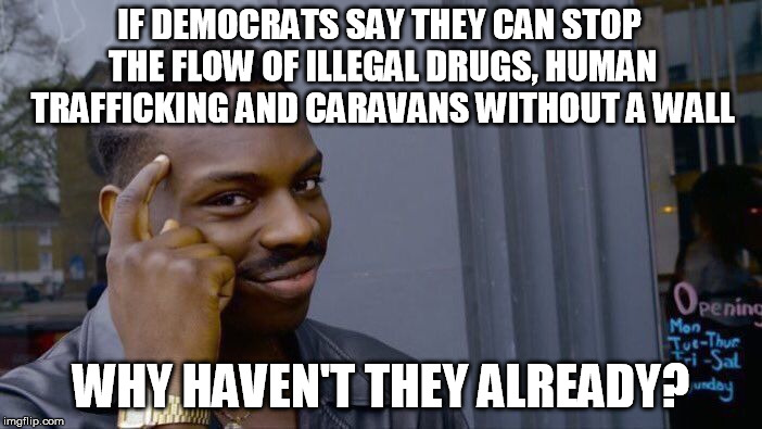 Roll Safe Think About It Meme | IF DEMOCRATS SAY THEY CAN STOP THE FLOW OF ILLEGAL DRUGS, HUMAN TRAFFICKING AND CARAVANS WITHOUT A WALL; WHY HAVEN'T THEY ALREADY? | image tagged in memes,roll safe think about it,liberal logic,democrats,leftists,build the wall | made w/ Imgflip meme maker