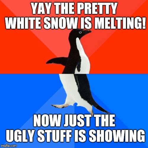 Socially Awesome Awkward Penguin Meme | YAY THE PRETTY WHITE SNOW IS MELTING! NOW JUST THE UGLY STUFF IS SHOWING | image tagged in memes,socially awesome awkward penguin | made w/ Imgflip meme maker