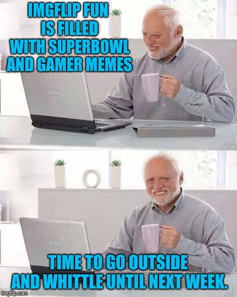 This Site Is Going To Be Boring For Awhile | IMGFLIP FUN IS FILLED WITH SUPERBOWL AND GAMER MEMES; TIME TO GO OUTSIDE AND WHITTLE UNTIL NEXT WEEK. | image tagged in memes,hide the pain harold,imgflip community,imgflip users,imgflip,streams | made w/ Imgflip meme maker