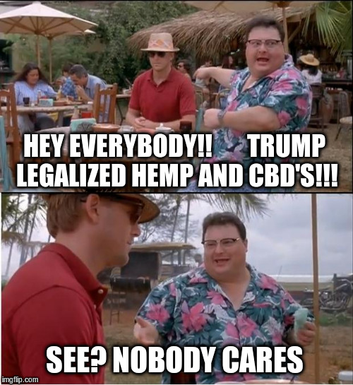 See Nobody Cares | HEY EVERYBODY!!      
TRUMP LEGALIZED HEMP AND CBD'S!!! SEE? NOBODY CARES | image tagged in memes,see nobody cares,legalize weed,trump | made w/ Imgflip meme maker