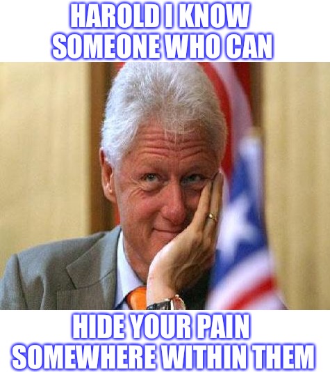 smiling bill clinton | HAROLD I KNOW SOMEONE WHO CAN HIDE YOUR PAIN SOMEWHERE WITHIN THEM | image tagged in smiling bill clinton | made w/ Imgflip meme maker