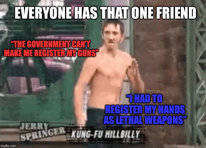 Don’t tread on me, unless you want me to register my hands cuz that’s bad ass | EVERYONE HAS THAT ONE FRIEND; “THE GOVERNMENT CAN’T MAKE ME REGISTER MY GUNS”; “I HAD TO REGISTER MY HANDS AS LETHAL WEAPONS” | image tagged in gun control | made w/ Imgflip meme maker