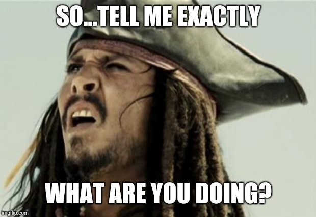 confused dafuq jack sparrow what | SO...TELL ME EXACTLY WHAT ARE YOU DOING? | image tagged in confused dafuq jack sparrow what | made w/ Imgflip meme maker