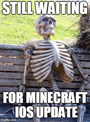 Waiting Skeleton | STILL WAITING; FOR MINECRAFT IOS UPDATE | image tagged in memes,waiting skeleton | made w/ Imgflip meme maker