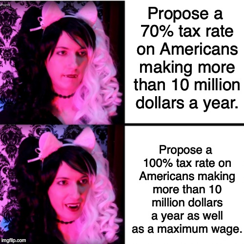 Tax the Rich | Propose a 70% tax rate on Americans making more than 10 million dollars a year. Propose a 100% tax rate on Americans making more than 10 million dollars a year as well as a maximum wage. | image tagged in tabby approves,contrapoints,socialism,tax cuts for the rich | made w/ Imgflip meme maker