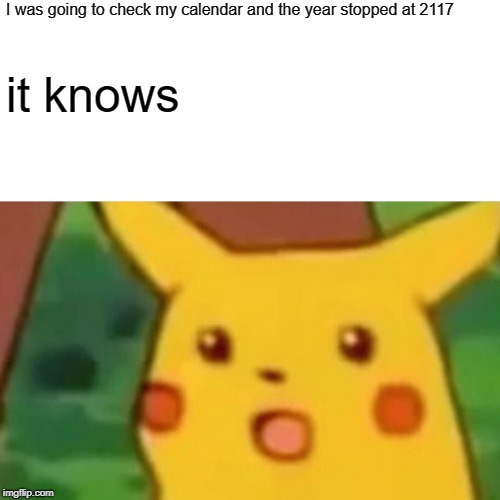 Surprised Pikachu | I was going to check my calendar and the year stopped at 2117; it knows | image tagged in memes,surprised pikachu | made w/ Imgflip meme maker