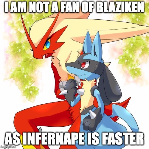 Blaziken and Lucario |  I AM NOT A FAN OF BLAZIKEN; AS INFERNAPE IS FASTER | image tagged in lucario,blaziken,pokemon,memes | made w/ Imgflip meme maker