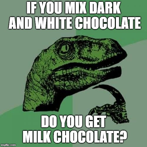  my dad's an intellect | IF YOU MIX DARK AND WHITE CHOCOLATE; DO YOU GET MILK CHOCOLATE? | image tagged in memes,philosoraptor | made w/ Imgflip meme maker