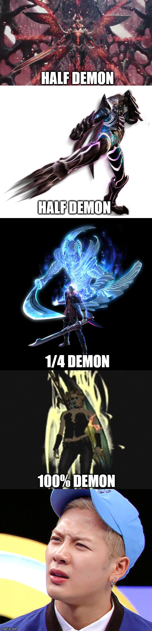 the logic behind devil trigger...when it comes to how much it changes your appearance makes no sense  | HALF DEMON; HALF DEMON; 1/4 DEMON; 100% DEMON | image tagged in truth,devil may cry,funny,confused,DevilMayCry | made w/ Imgflip meme maker