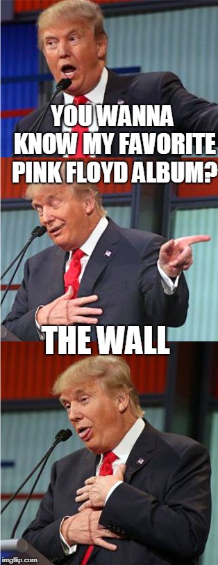 Bad Pun Trump | YOU WANNA KNOW MY FAVORITE PINK FLOYD ALBUM? THE WALL | image tagged in bad pun trump | made w/ Imgflip meme maker