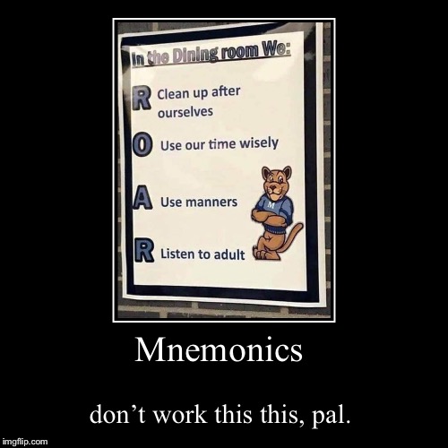Fun With Mnemonics! | image tagged in funny,demotivationals,stupid people,fail,education,god bless america | made w/ Imgflip demotivational maker