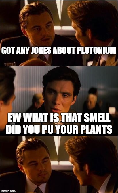 Inception Meme | GOT ANY JOKES ABOUT PLUTONIUM; EW WHAT IS THAT SMELL DID YOU PU YOUR PLANTS | image tagged in memes,inception | made w/ Imgflip meme maker
