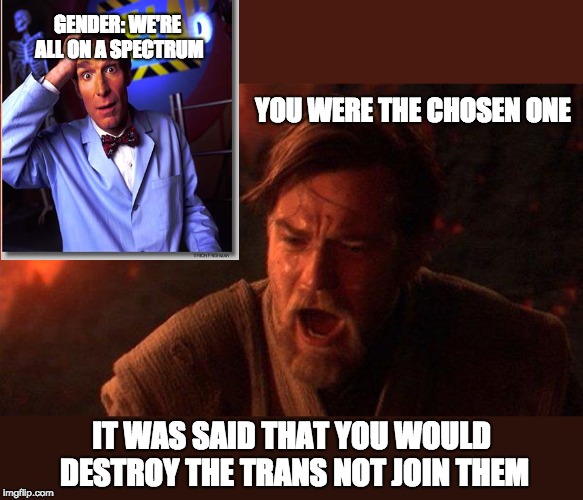 You Were The Chosen One (Star Wars) Meme | GENDER: WE'RE ALL ON A SPECTRUM; YOU WERE THE CHOSEN ONE; IT WAS SAID THAT YOU WOULD DESTROY THE TRANS NOT JOIN THEM | image tagged in memes,you were the chosen one star wars | made w/ Imgflip meme maker
