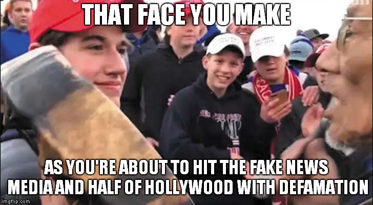 Smirk-ules | THAT FACE YOU MAKE; AS YOU'RE ABOUT TO HIT THE FAKE NEWS MEDIA AND HALF OF HOLLYWOOD WITH DEFAMATION | image tagged in nick sandmann,maga,stupid liberals,fake news,donald trump | made w/ Imgflip meme maker
