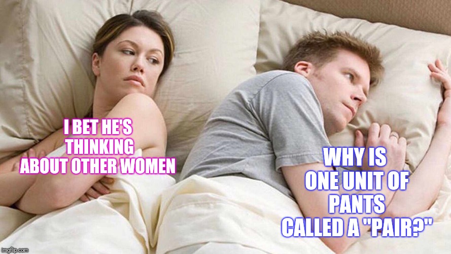 I Bet He's Thinking About Other Women | WHY IS ONE UNIT OF PANTS CALLED A "PAIR?"; I BET HE'S THINKING ABOUT OTHER WOMEN | image tagged in i bet he's thinking about other women | made w/ Imgflip meme maker