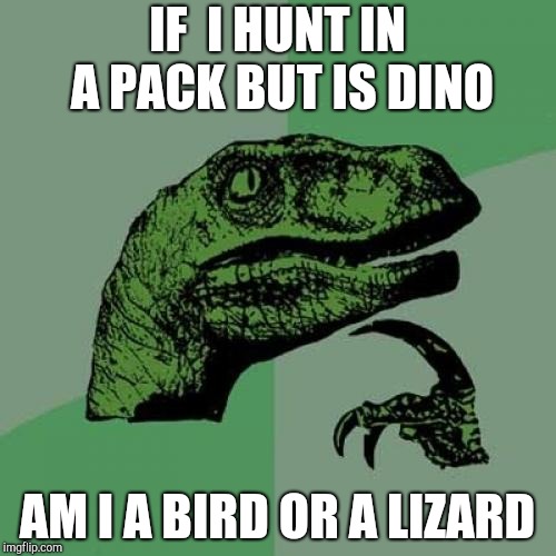 Philosoraptor | IF  I HUNT IN A PACK BUT IS DINO; AM I A BIRD OR A LIZARD | image tagged in memes,philosoraptor | made w/ Imgflip meme maker