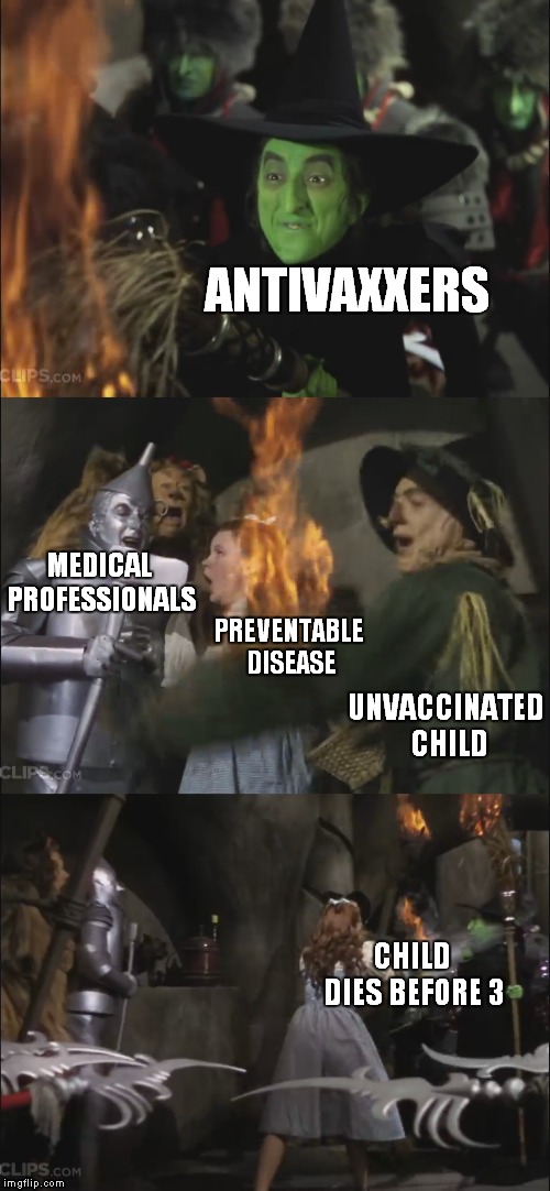 Antivaxxers In A Nutshell | ANTIVAXXERS; MEDICAL PROFESSIONALS; PREVENTABLE DISEASE; UNVACCINATED CHILD; CHILD DIES BEFORE 3 | image tagged in wicked witch gets killed,antivaxxers,vaccinations,medicine,memes | made w/ Imgflip meme maker