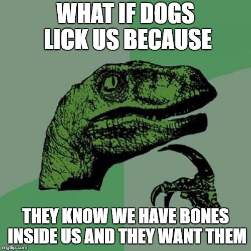 Philosoraptor | WHAT IF DOGS LICK US BECAUSE; THEY KNOW WE HAVE BONES INSIDE US AND THEY WANT THEM | image tagged in memes,philosoraptor,random,dogs,bones,lick | made w/ Imgflip meme maker