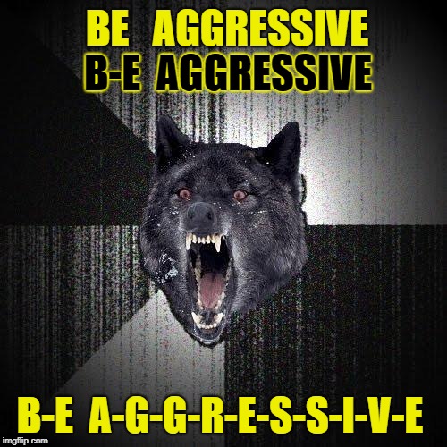 Insanity Wolf Meme | BE   AGGRESSIVE; B-E  AGGRESSIVE; B-E  A-G-G-R-E-S-S-I-V-E | image tagged in memes,insanity wolf | made w/ Imgflip meme maker