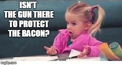 Shrugging kid | ISN'T THE GUN THERE TO PROTECT THE BACON? | image tagged in shrugging kid | made w/ Imgflip meme maker