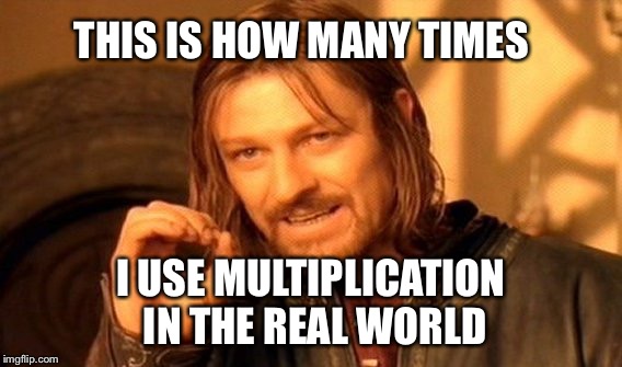 One Does Not Simply Meme | THIS IS HOW MANY TIMES; I USE MULTIPLICATION IN THE REAL WORLD | image tagged in memes,one does not simply | made w/ Imgflip meme maker