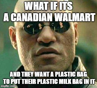 What if i told you | WHAT IF ITS A CANADIAN WALMART AND THEY WANT A PLASTIC BAG TO PUT THEIR PLASTIC MILK BAG IN IT | image tagged in what if i told you | made w/ Imgflip meme maker