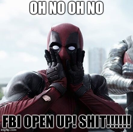 Deadpool Surprised Meme | OH NO OH NO; FBI OPEN UP! SHIT!!!!!! | image tagged in memes,deadpool surprised | made w/ Imgflip meme maker