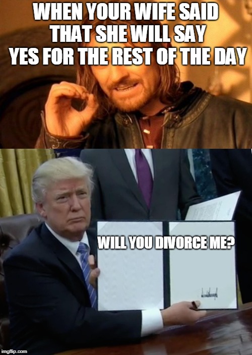 WHEN YOUR WIFE SAID THAT SHE WILL SAY YES FOR THE REST OF THE DAY; WILL YOU DIVORCE ME? | image tagged in memes,one does not simply,trump bill signing | made w/ Imgflip meme maker