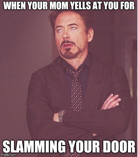 Face You Make Robert Downey Jr Meme | WHEN YOUR MOM YELLS AT YOU FOR; SLAMMING YOUR DOOR | image tagged in memes,face you make robert downey jr | made w/ Imgflip meme maker
