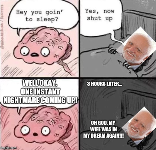 waking up brain | WELL OKAY, ONE INSTANT NIGHTMARE COMING UP! 3 HOURS LATER... OH GOD, MY WIFE WAS IN MY DREAM AGAIN!!! | image tagged in waking up brain | made w/ Imgflip meme maker