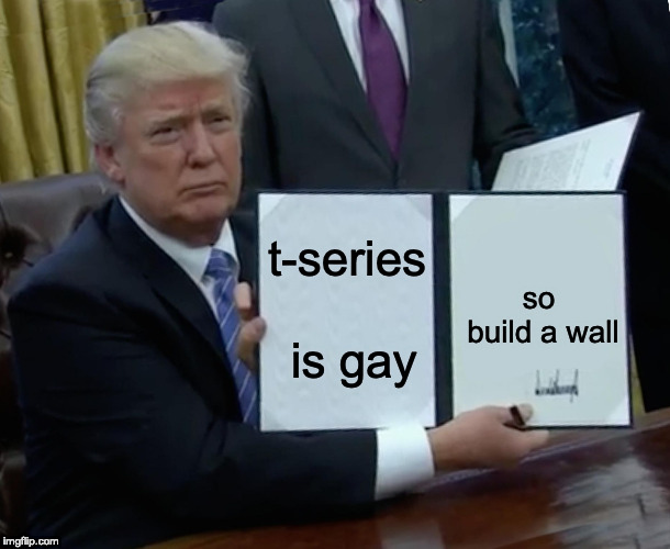 Trump Bill Signing | t-series is gay; so build a wall | image tagged in memes,trump bill signing | made w/ Imgflip meme maker