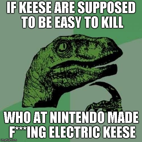 Philosoraptor | IF KEESE ARE SUPPOSED TO BE EASY TO KILL; WHO AT NINTENDO MADE F***ING ELECTRIC KEESE | image tagged in memes,philosoraptor | made w/ Imgflip meme maker