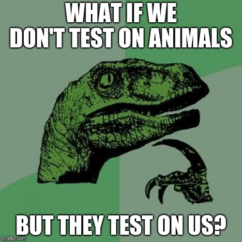 Philosoraptor Meme | WHAT IF WE DON'T TEST ON ANIMALS; BUT THEY TEST ON US? | image tagged in memes,philosoraptor | made w/ Imgflip meme maker