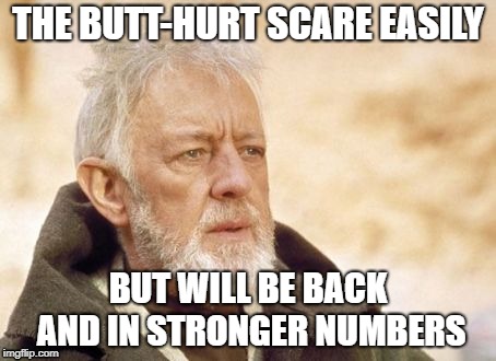 Obi Wan Kenobi | THE BUTT-HURT SCARE EASILY; BUT WILL BE BACK AND IN STRONGER NUMBERS | image tagged in memes,obi wan kenobi | made w/ Imgflip meme maker