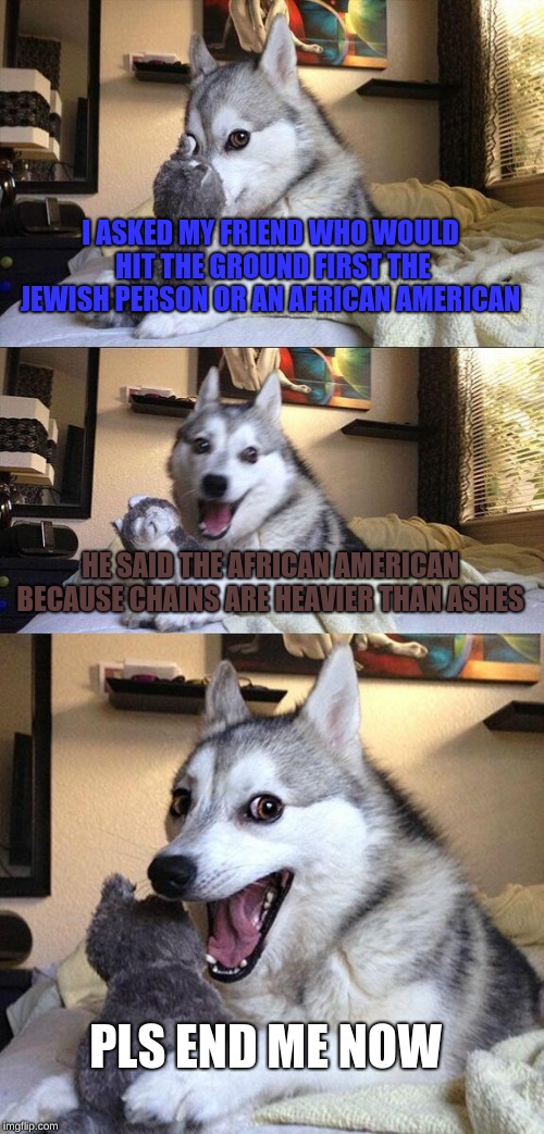 Bad Pun Dog | I ASKED MY FRIEND WHO WOULD HIT THE GROUND FIRST THE JEWISH PERSON OR AN AFRICAN AMERICAN; HE SAID THE AFRICAN AMERICAN BECAUSE CHAINS ARE HEAVIER THAN ASHES; PLS END ME NOW | image tagged in memes,bad pun dog | made w/ Imgflip meme maker